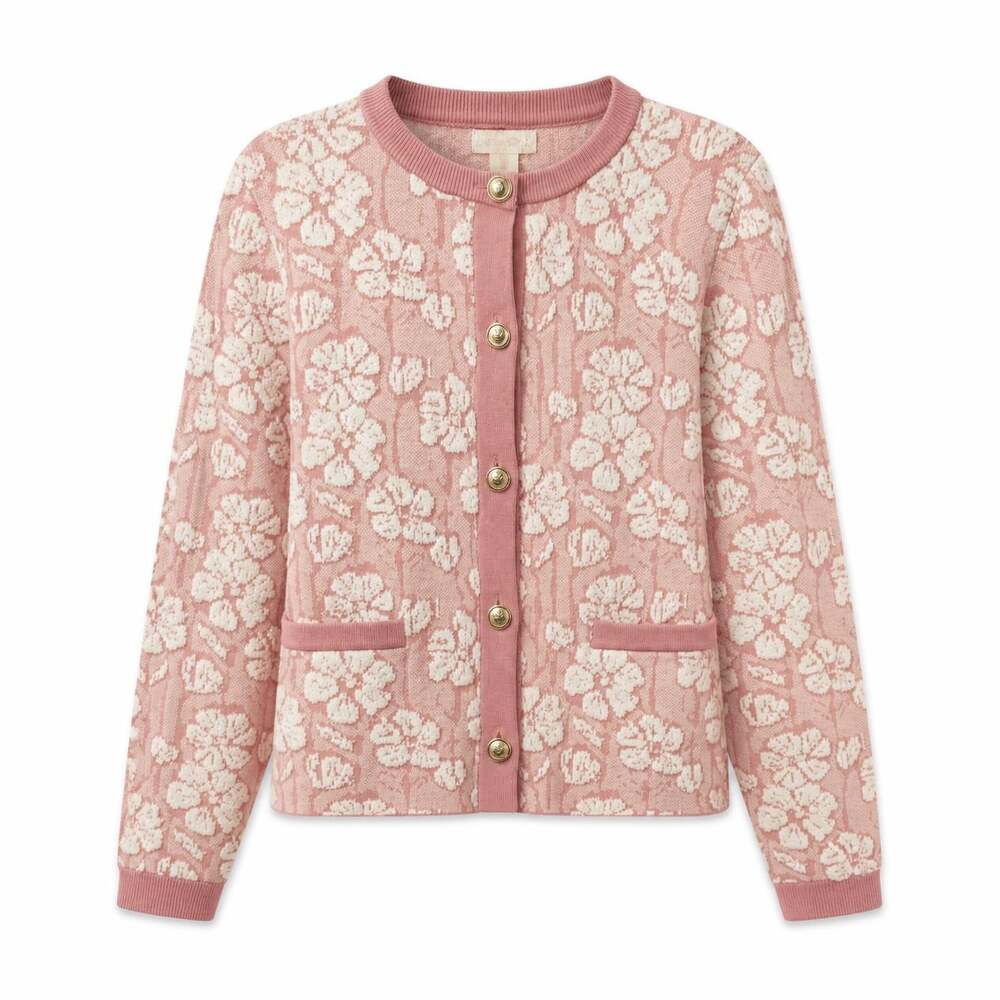 Cynthia Rowley Girls Pink Floral Cardigan Sweater Size L Gold Buttons Pockets